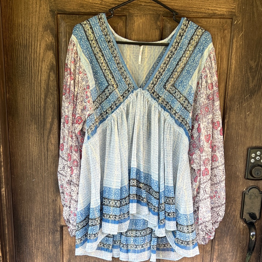 Free people Boho V-Neck Peasant Blouse in Blue and Pink